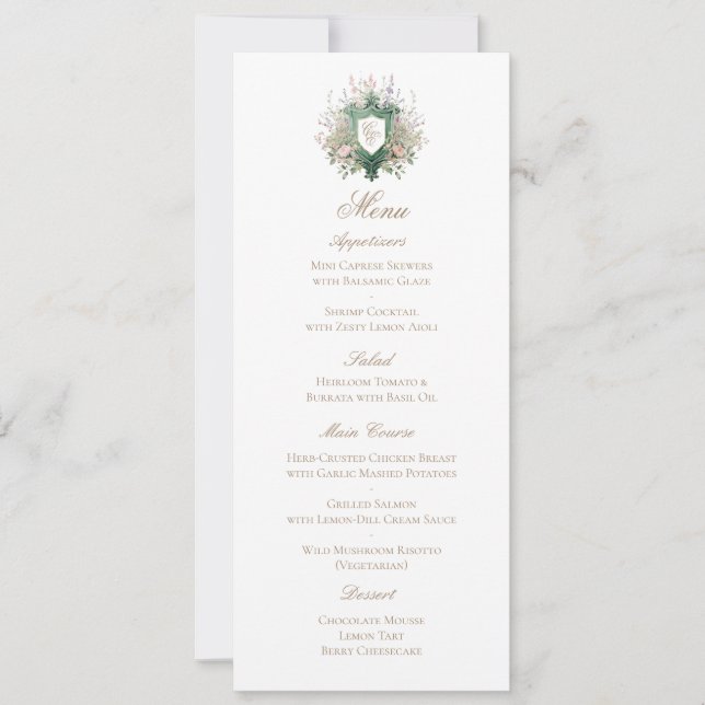 Classic Floral Monogram Crest Wedding Menu Card Spara Datumet (Framsida)