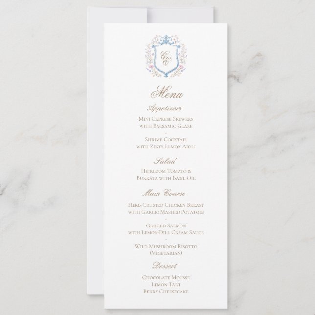 Classic Floral Monogram Crest Wedding Menu Card Spara Datumet (Framsida)