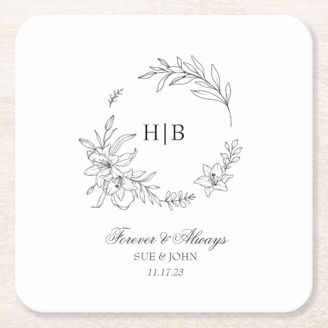 Classic Floral Wreath Monogram Wedding Underlägg Papper Kvadrat (Framsidan)