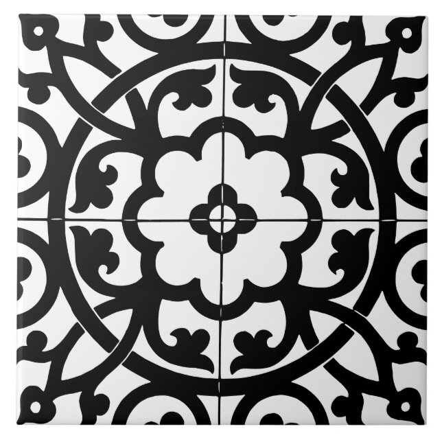 Classic Flower Line Art Floral Black & White Kakelplatta (Framsidan)