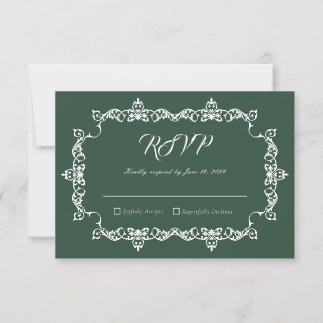 Classic Forest Green Ornately Framed Wedding OSA Kort (Framsida)