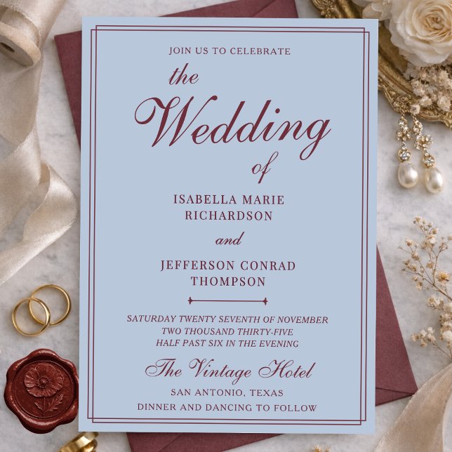 Classic French Blue & Burgundy Old Money Wedding Inbjudningar (Skapare uppladdad)