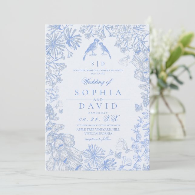  Classic French Blue Floral Wedding  Inbjudningar (Stående Fram)