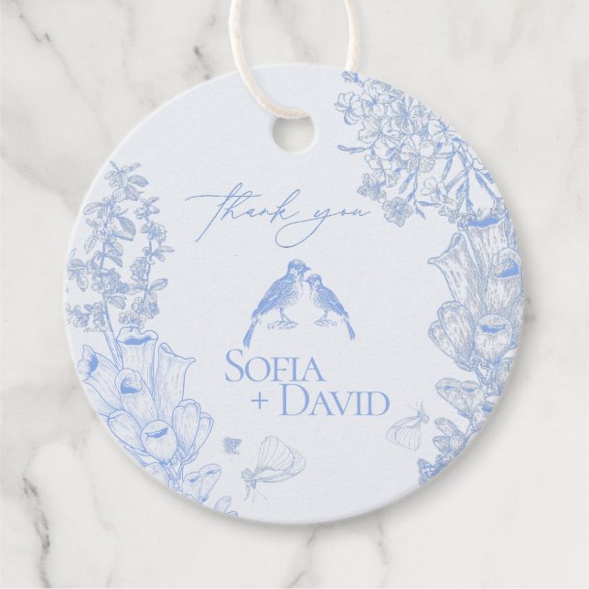 Classic French Blue White Floral Birds Wedding  Gåvor Etiketter (Framsida)