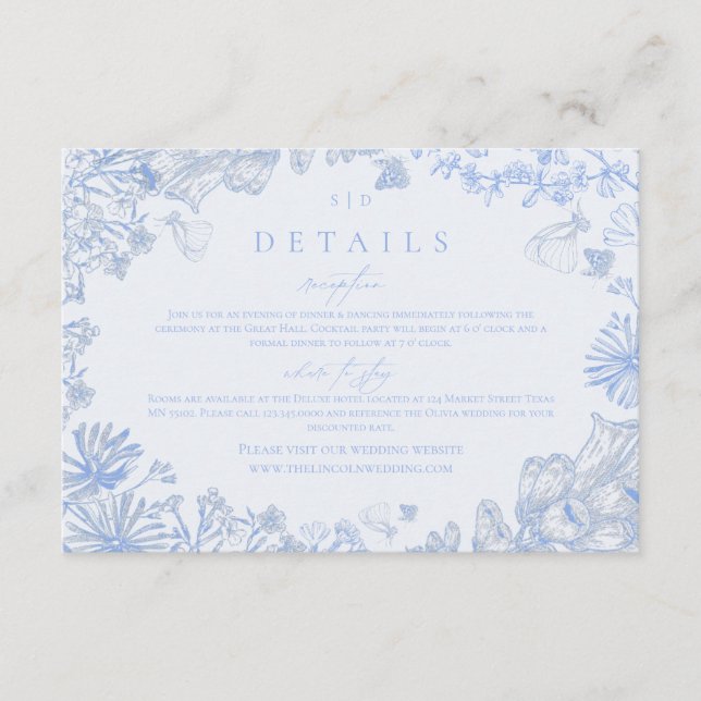 Classic French Blue White Floral Wedding Enclosure Tilläggskort (Framsida)