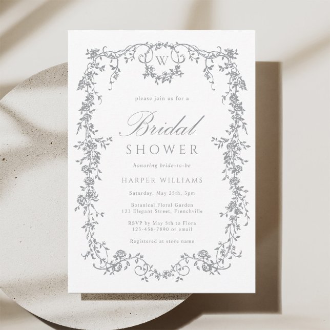 Classic French Floral Gray Bridal Shower Inbjudningar (Skapare uppladdad)