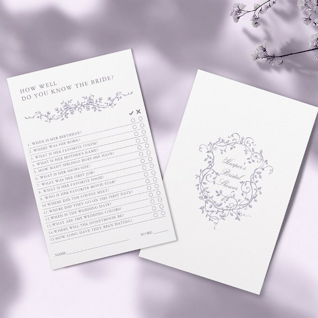 Classic French Lavender Bridal Shower Game  (Front & Back)