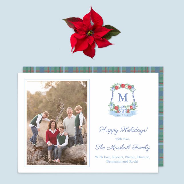 Classic Ginger Burk Red Poinsettia God jul Julkort (Timeless Chinoiserie Chic Christmas Card design in blue white & red with coordinating plaid reverse.)