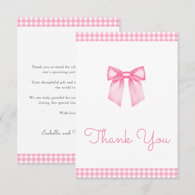 Classic Gingham Pink Bow Baby Shower Tack Kort (Fram/baksida)