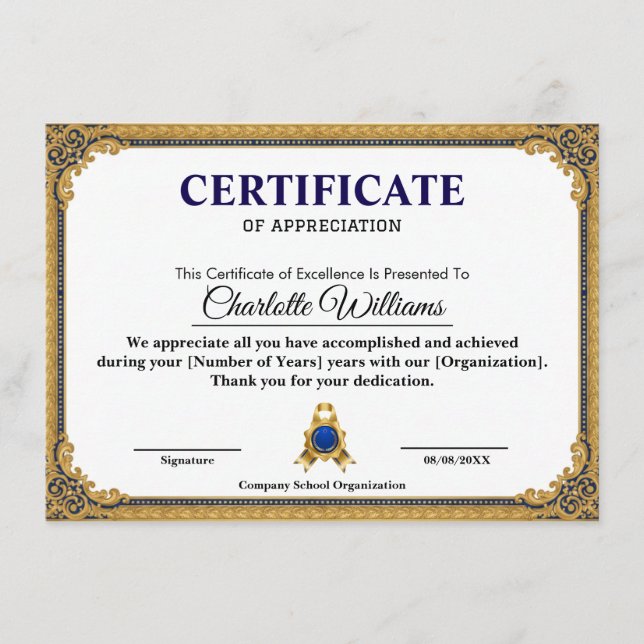 Classic Gold Blank Certificate Frame Printable Tilläggskort (Framsida)