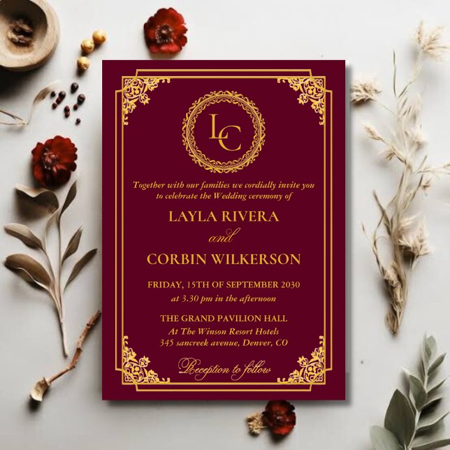 Classic Gold Frame Royal Monogram Wedding Inbjudningar (Skapare uppladdad)