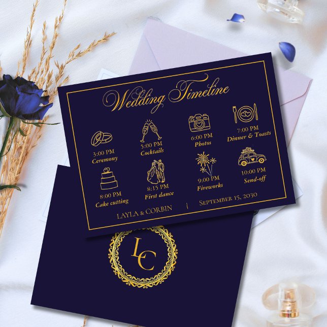 Classic Gold Frame Royal Monogram Wedding Timeline Tilläggskort (Skapare uppladdad)