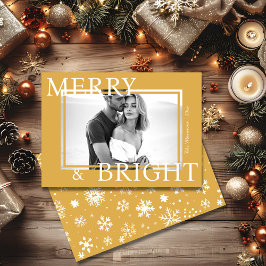 Classic Gold Merry & Bright Bold Snowflake Photo Julkort