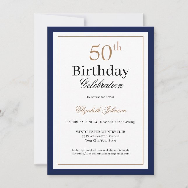 Classic Gold Navy Blue 50th Birthday Party Inbjudningar (Framsida)