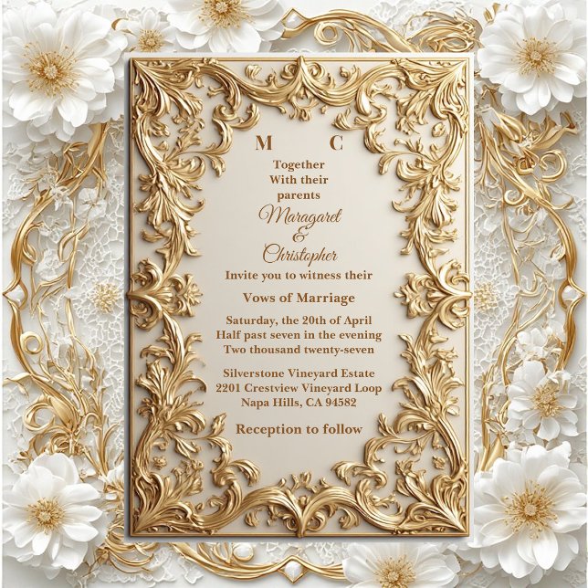 Classic Gold Ornate Floral Motif Modern Typography Inbjudningar (Classic Gold Ornate Floral Motif Modern Typography Invitation)