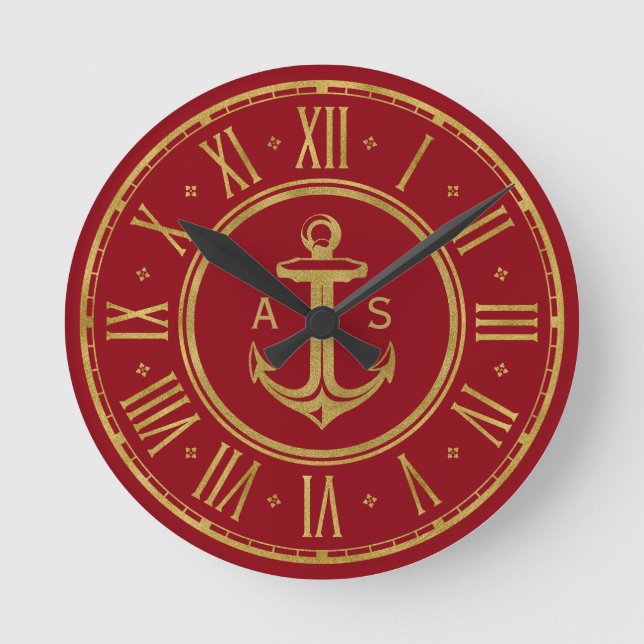 Classic Golden Anchor | Nautical Red Rund Klocka (Framsida)