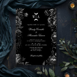 Classic Gothic Black Monogram Måne Vapensköld Bröl Inbjudningar