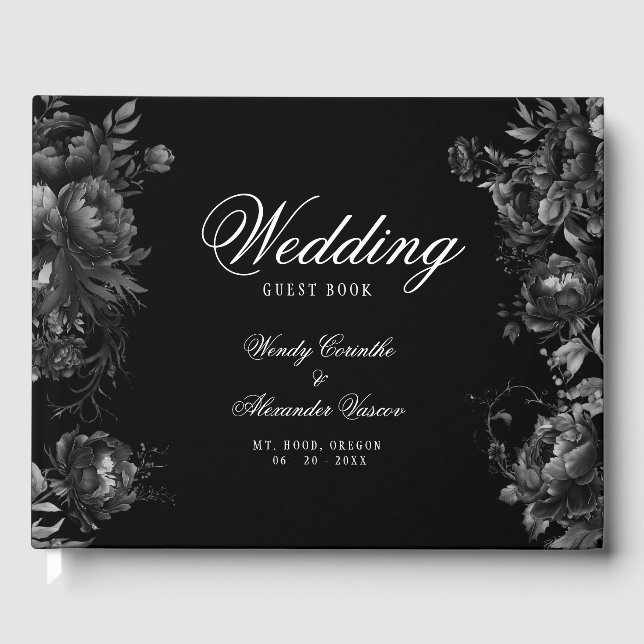 Classic Gothic Black Monogram Vapensköld Bröllop Gästböcker (Framsida)