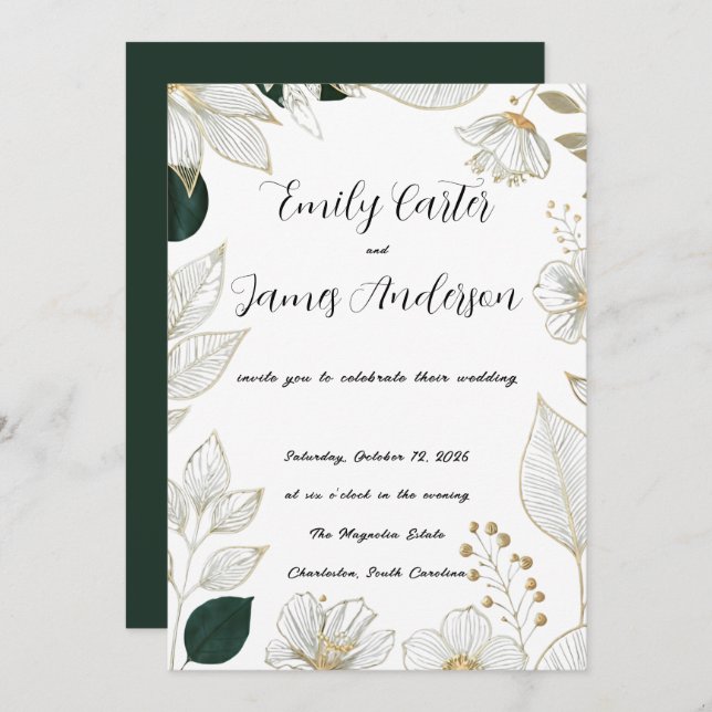 Classic Green Botanical Wedding Stationery Inbjudningar (Fram/baksida)