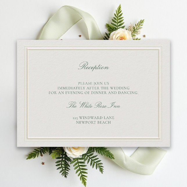 Classic Green Elevated Ecru Wedding Reception Tilläggskort (modern classic wedding reception details forest green type double frame ivory formal traditional)