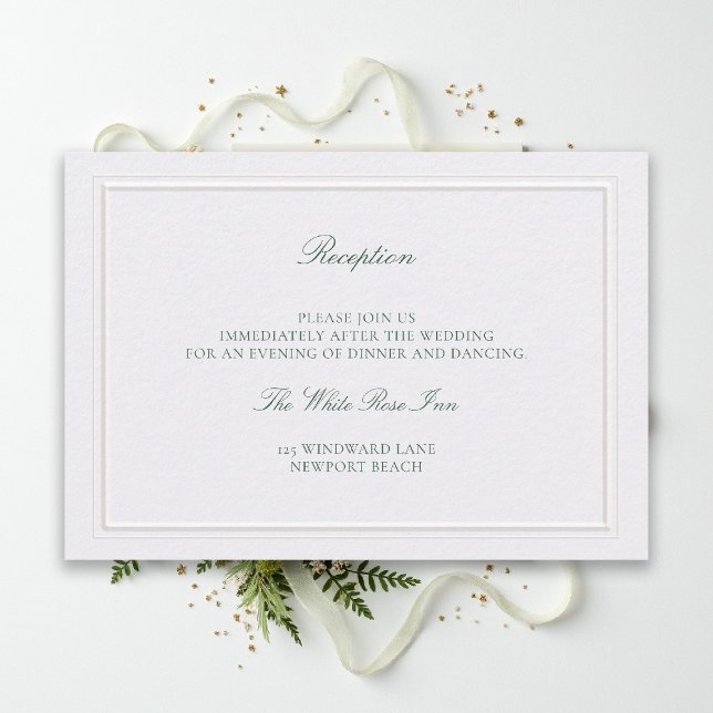 Classic Green Elevated Pearl Wedding Reception Tilläggskort (modern classic wedding reception details forest green type double frame pearl formal traditional)