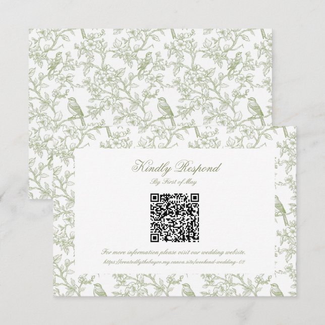 Classic Green Floral and Bird Toile QR code RSVP OSA Kort (Fram/baksida)