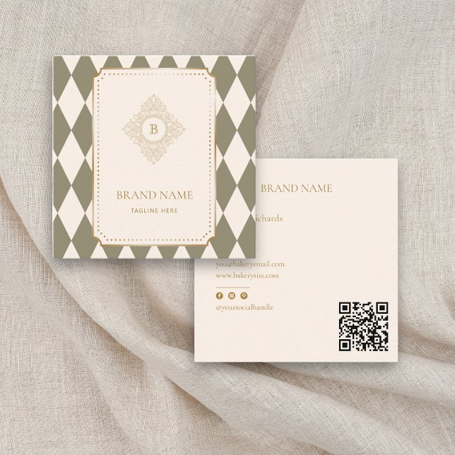 Classic Green & Ivory Argyle Monogram Gold Accent  Fyrkantigt Visitkort (Skapare uppladdad)