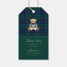 Classic Green Navy Plaid Bear Baby Shower Presentetikett