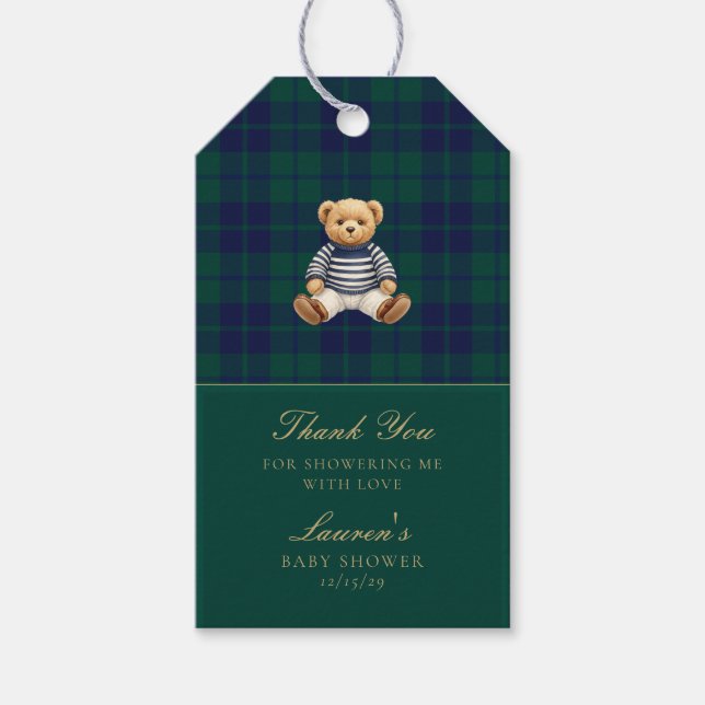 Classic Green Navy Plaid Bear Baby Shower  Presentetikett (Framsidan)
