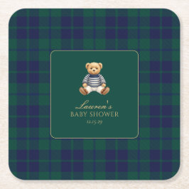 Classic Green Navy Plaid Bear Baby Shower Underlägg Papper Kvadrat