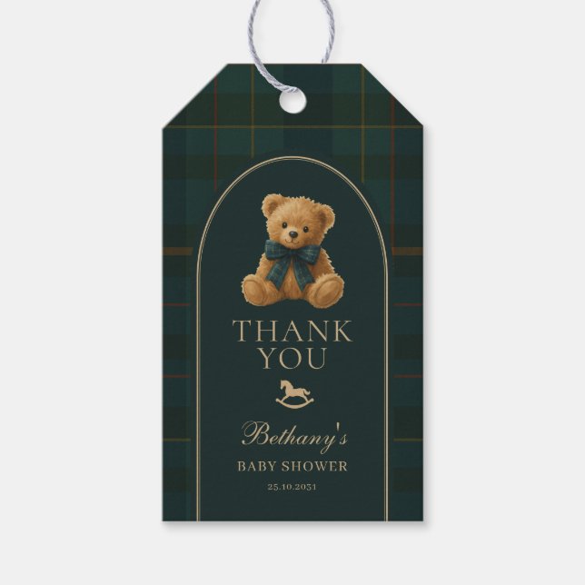 Classic Green Navy Plaid Teddy Bear Baby Shower Presentetikett (Framsidan)