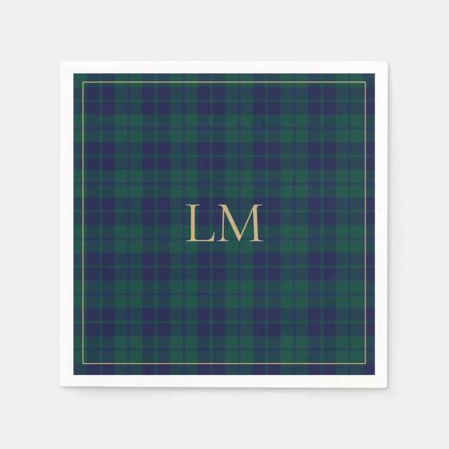 Classic Green Navy Tartan Plaid Gold Monogram Pappersservett (Framsidan)