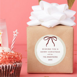 Classic Green Pink Stripes Red Bow Merry Christmas Runt Klistermärke