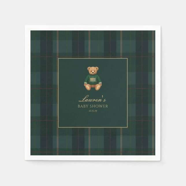 Classic Green Plaid Bear Baby Shower  Pappersservett (Framsidan)