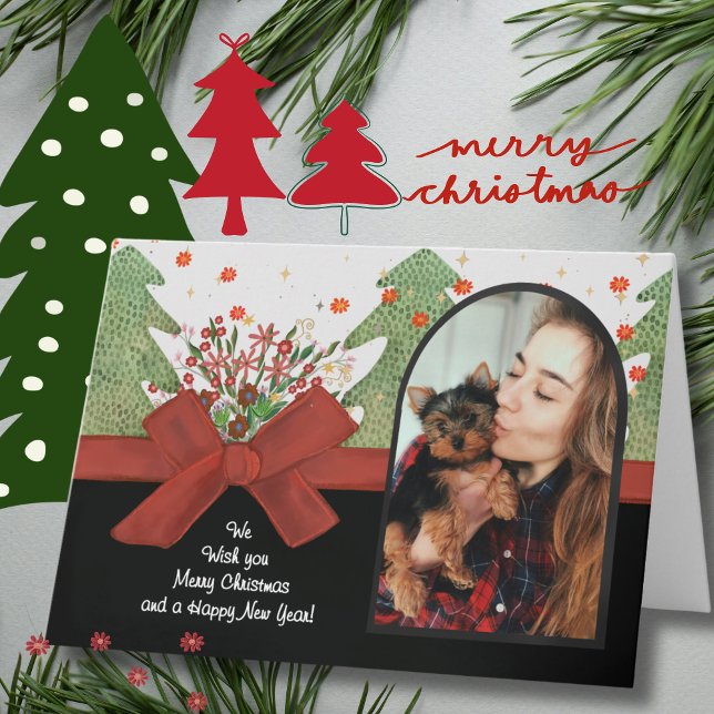 Classic Green & Red Festive Trees Photo Arch Helgkort (Classic Green & Red Festive Trees Photo Arch Holiday Card)