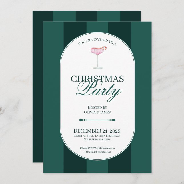 Classic green stripe Christmas Invitation Inbjudningar (Fram/baksida)