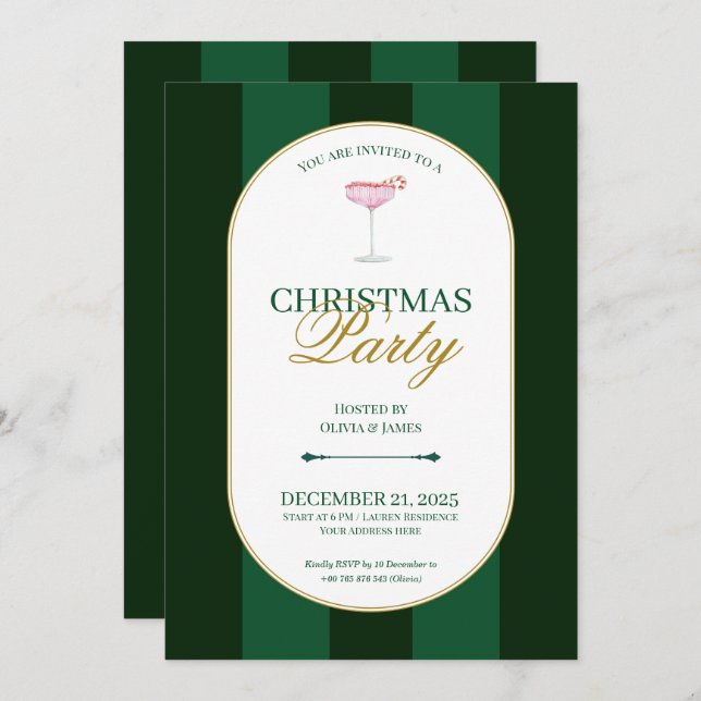 Classic green stripe Christmas Invitation Inbjudningar (Fram/baksida)