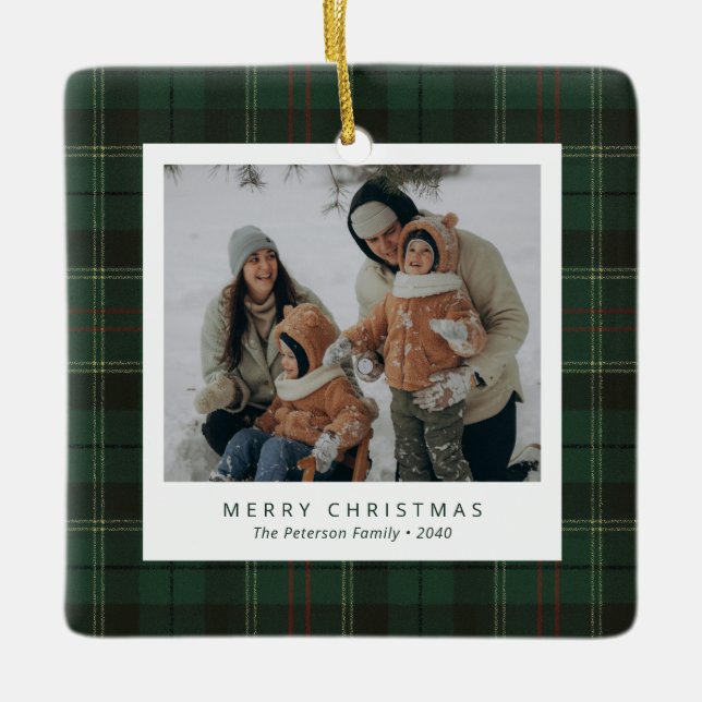 Classic Green Tartan Plaid Family 4 Photo Holiday Julgransprydnad Keramik (Framsida)