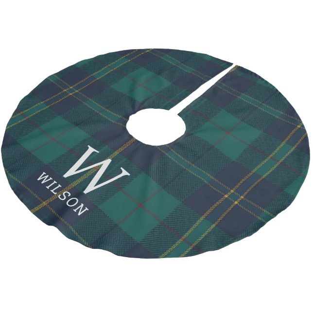 Classic Green Tartan Plaid Monogram Christmas Julgransmatta Borstad Polyester (Vinklad)