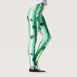 Classic Green White Vertical Stripes Shamrocks Leggings