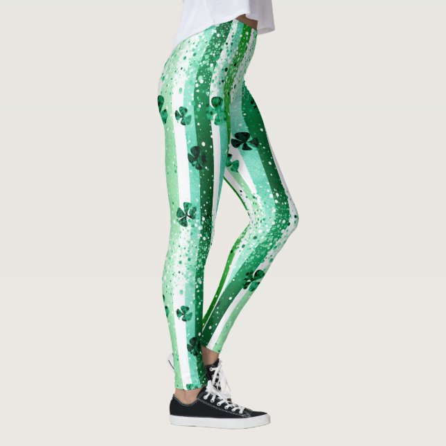 Classic Green White Vertical Stripes Shamrocks Leggings (Höger)