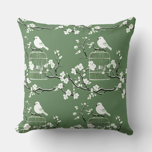 Classic Grönt & White Chinoiserie Birdcage Kudde (Framsida)