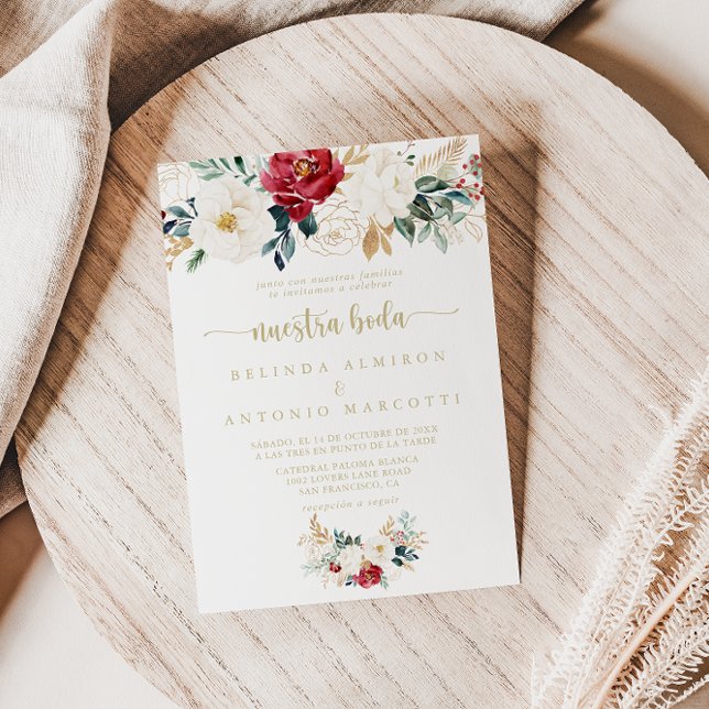 Classic Guld Burgundy White Blommigt Nuestra Boda Inbjudningar (Skapare uppladdad)