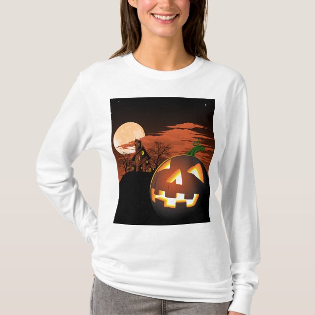 Classic Halloween Jack-O-Lantern Creepy House T Shirt (Framsida)