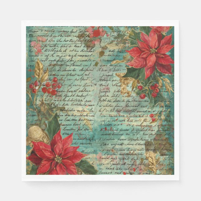Classic Handwritten Poinsettia Christmas Holiday Pappersservett (Framsidan)