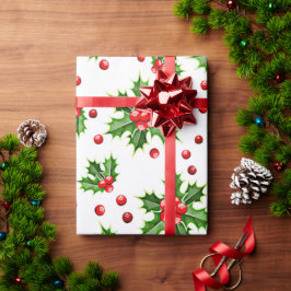 Classic Helgdag Holly Träd Lövs Berries Mönster Presentpapper