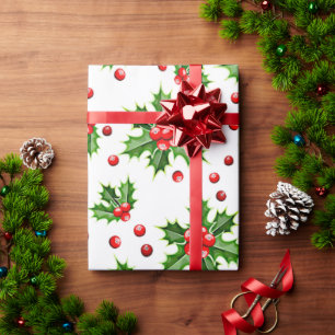 Classic Helgdag Holly Träd Lövs Berries Mönster Presentpapper