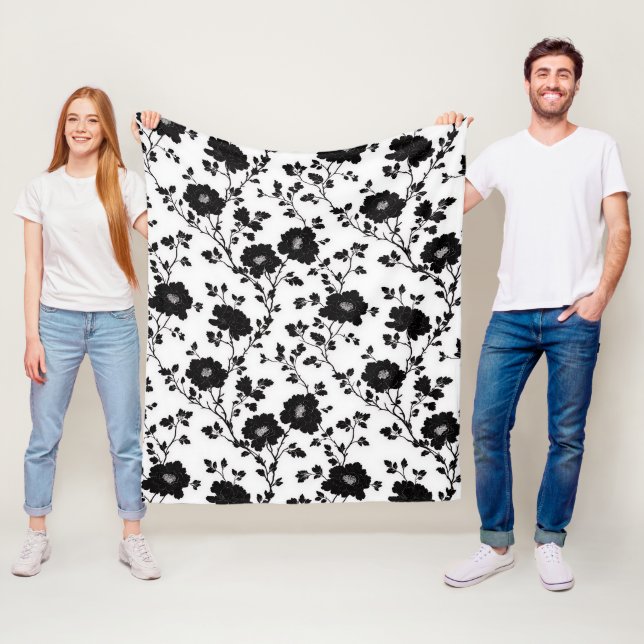 Classic High Contrast Black Floral Silhouette Fleecefilt (På plats)