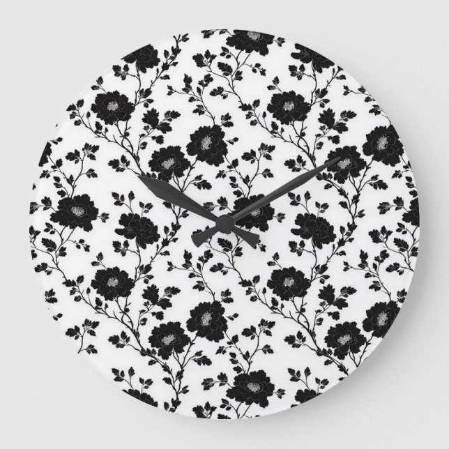 Classic High Contrast Black Floral Silhouette Stor Klocka (Framsida)