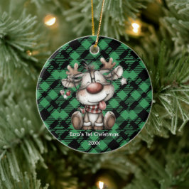 Classic Holiday Green Checkered Pattern Custom Julgransprydnad Keramik